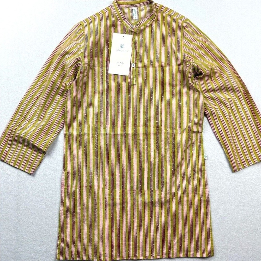 Anokhi Kids Kurta Shirt 10-11 Years Green Red‎ Striped Cotton Henley Tunic C-001